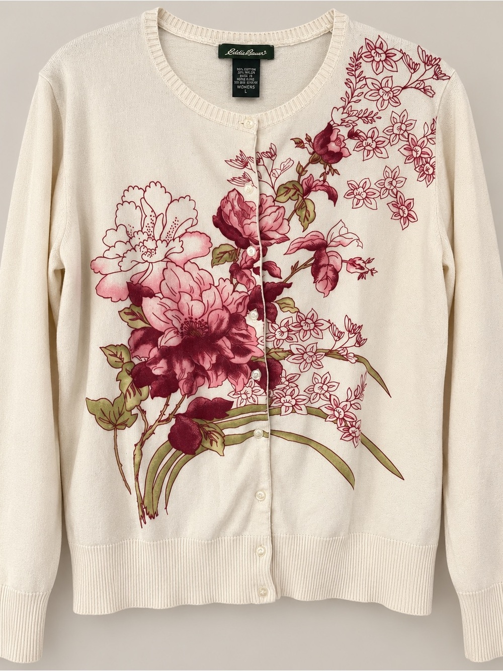 Eddie Bauer Floral Cardigan Large Grandmacore Cottagecore Botanical Sweater